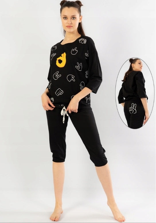 Piżama Damska Vienetta Thumbs Up Pajamas, czarna, r. S-XL