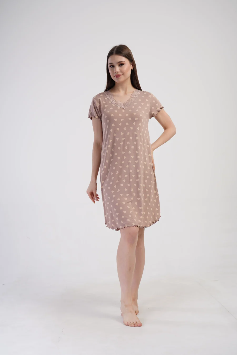 Koszula Nocna Vienetta Beige Hearts, Beżowy, r. S-XL - obrazek 2