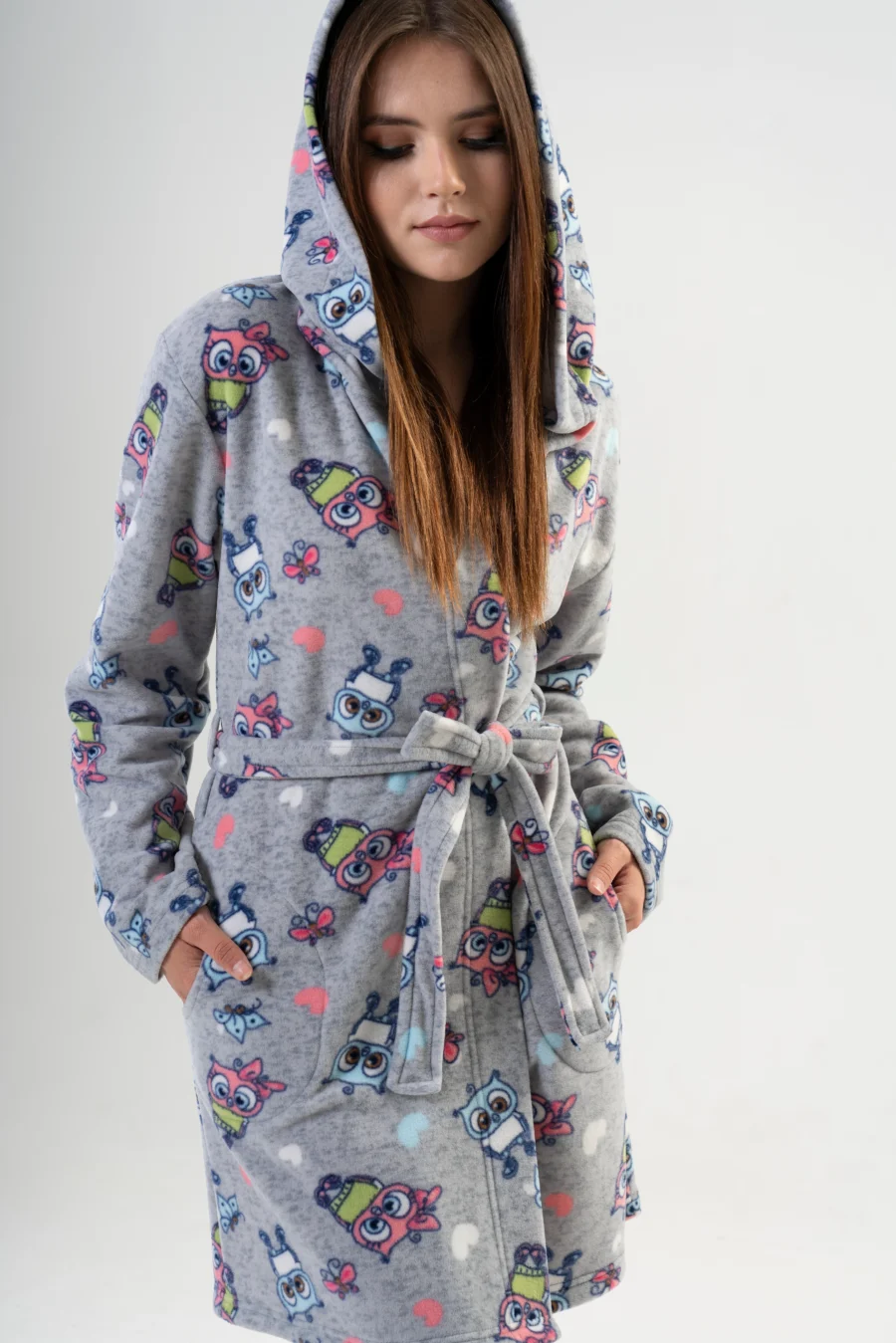 Szlafrok damski Vienetta Happy Hoodie, Szary, r. S-XL - obrazek 6