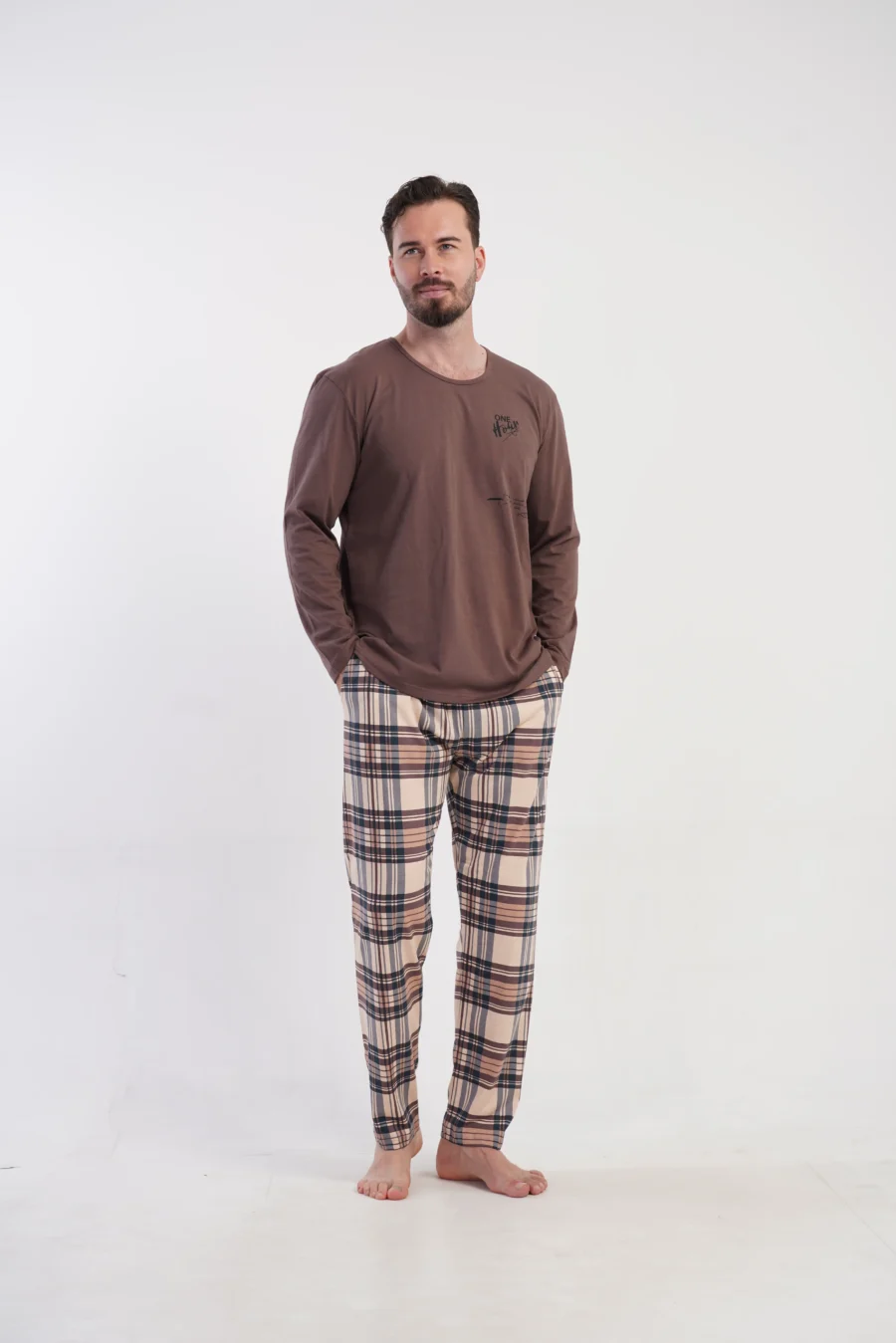 Piżama Męska Vienetta Classic Check, Brązowy, r. M-XXL