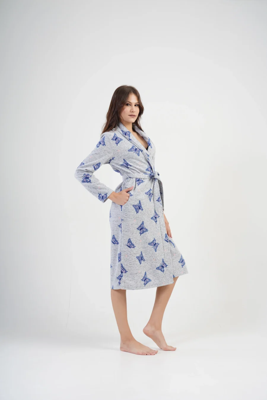Szlafrok damski polarowy Vienetta, Butterfly Long, Szary, r. S-XL - obrazek 4