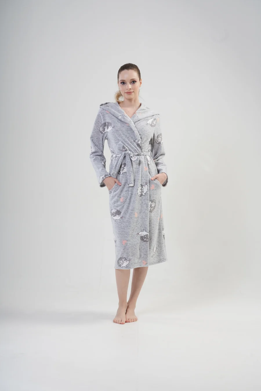 Szlafrok damski polarowy Vienetta, Hedgehog Robe, Szary, r. S-XL
