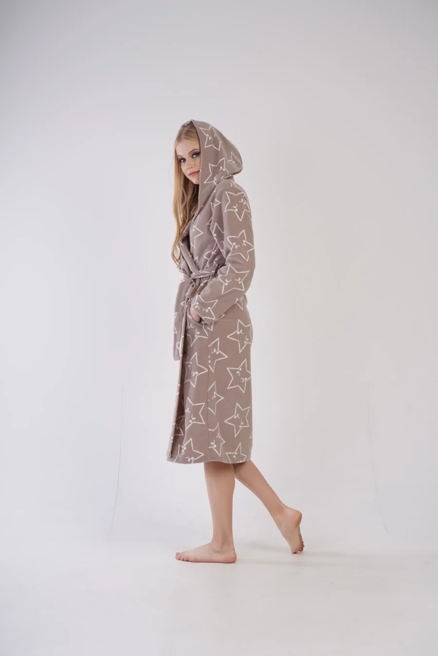 Szlafrok damski polarowy Vienetta, Star Robe, Beżowy, r. S-XL - obrazek 5