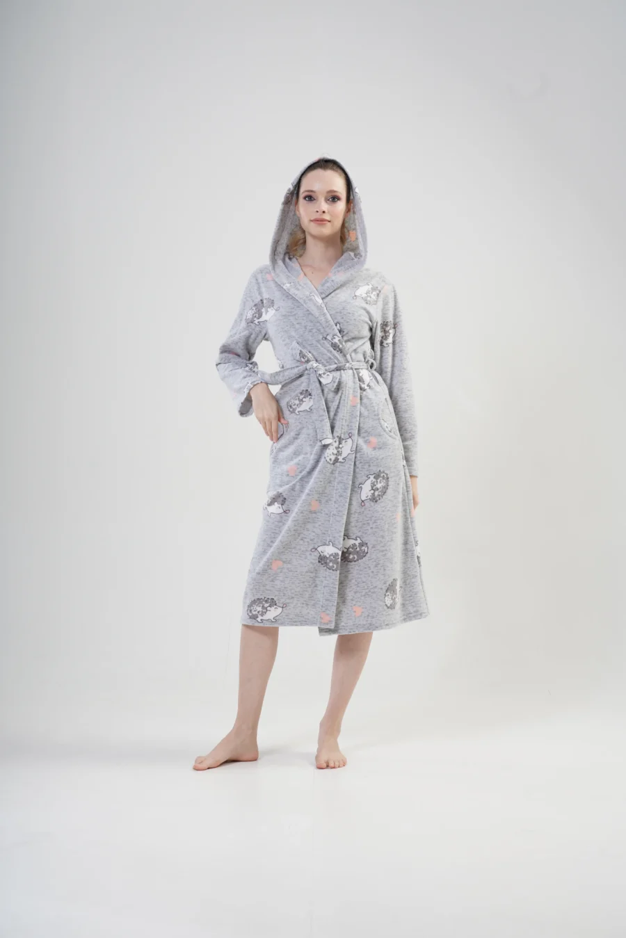 Szlafrok damski polarowy Vienetta, Hedgehog Robe, Szary, r. S-XL - obrazek 3