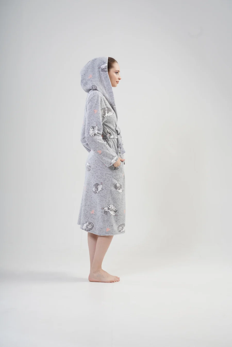 Szlafrok damski polarowy Vienetta, Hedgehog Robe, Szary, r. S-XL - obrazek 4
