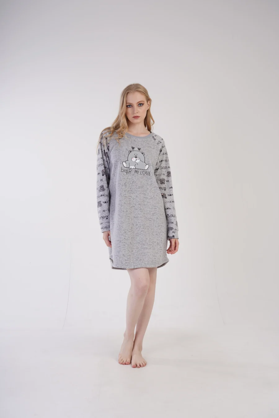 Koszula Nocna Damska Polarowa Vienetta, Cozy Bear, Szary, r. S - XL