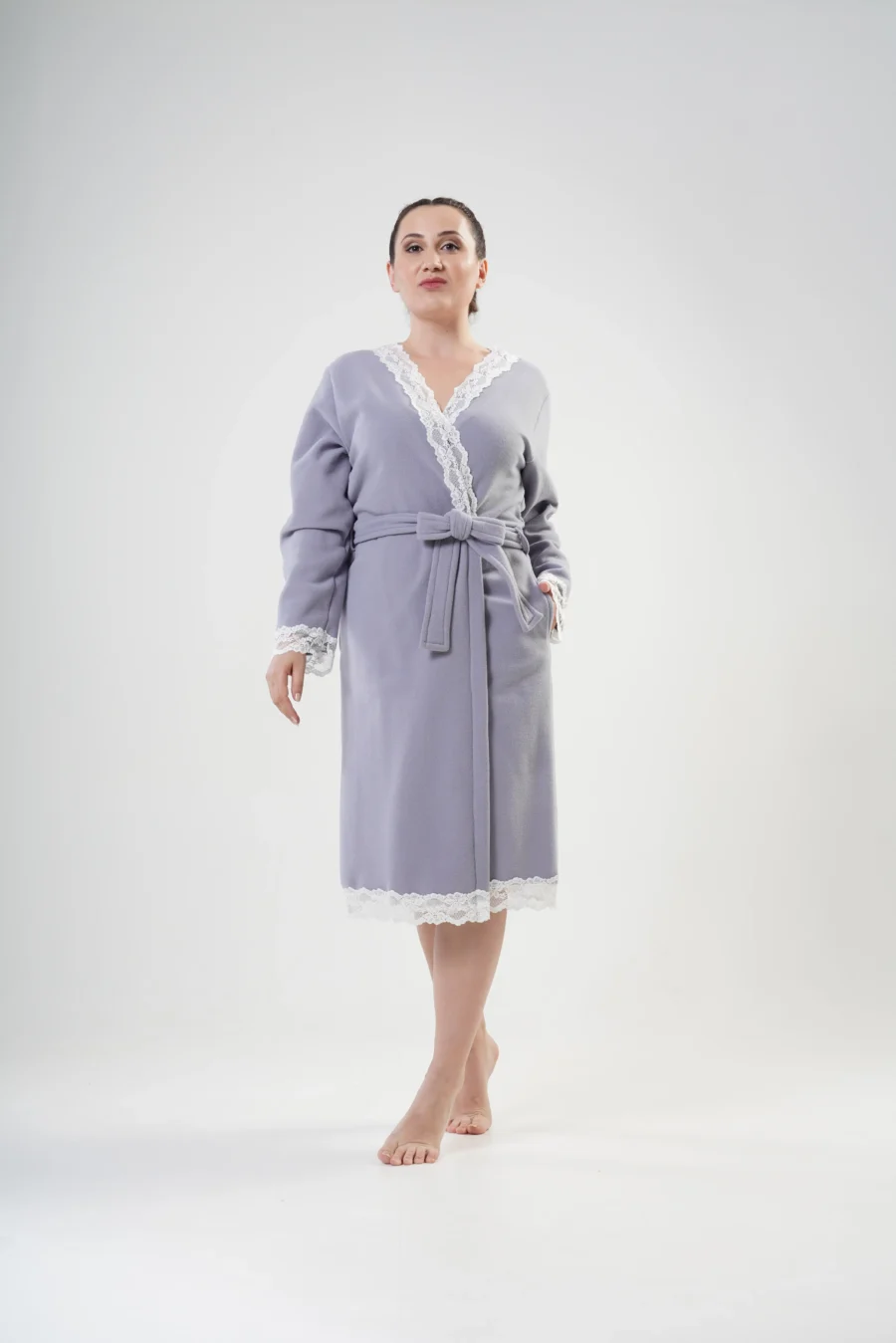 Szlafrok damski polarowy Vienetta Lace Robe, Szary, r. 1XL-4XL