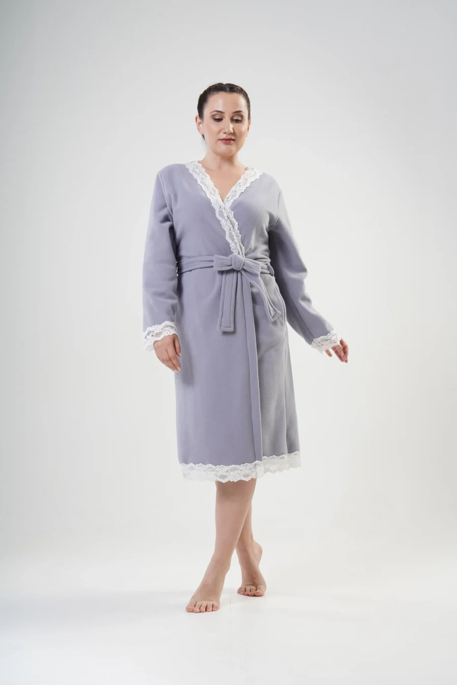 Szlafrok damski polarowy Vienetta Lace Robe, Szary, r. 1XL-4XL - obrazek 2