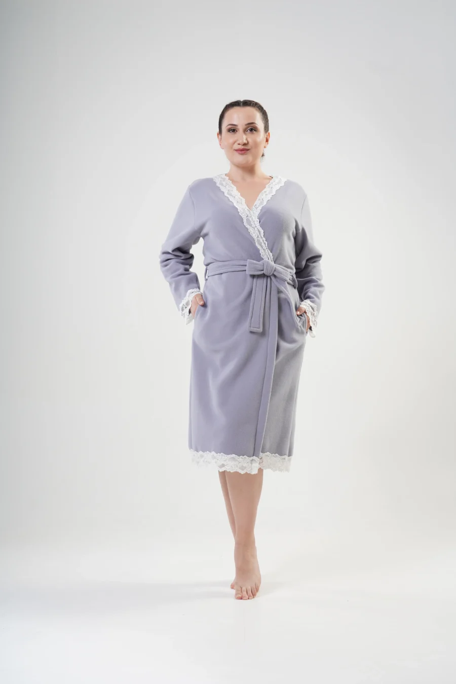 Szlafrok damski polarowy Vienetta Lace Robe, Szary, r. 1XL-4XL - obrazek 3