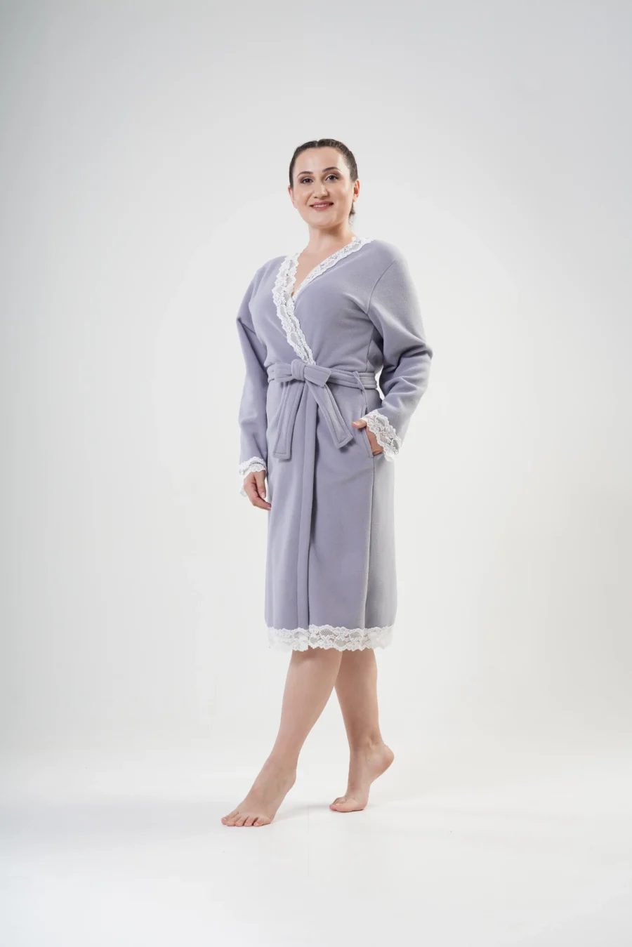 Szlafrok damski polarowy Vienetta Lace Robe, Szary, r. 1XL-4XL - obrazek 4