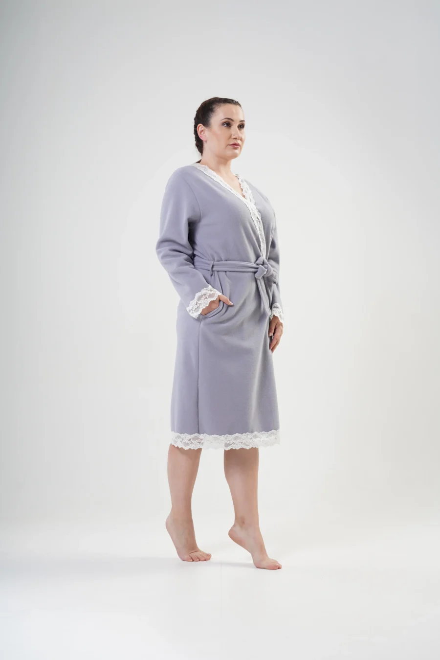 Szlafrok damski polarowy Vienetta Lace Robe, Szary, r. 1XL-4XL - obrazek 6