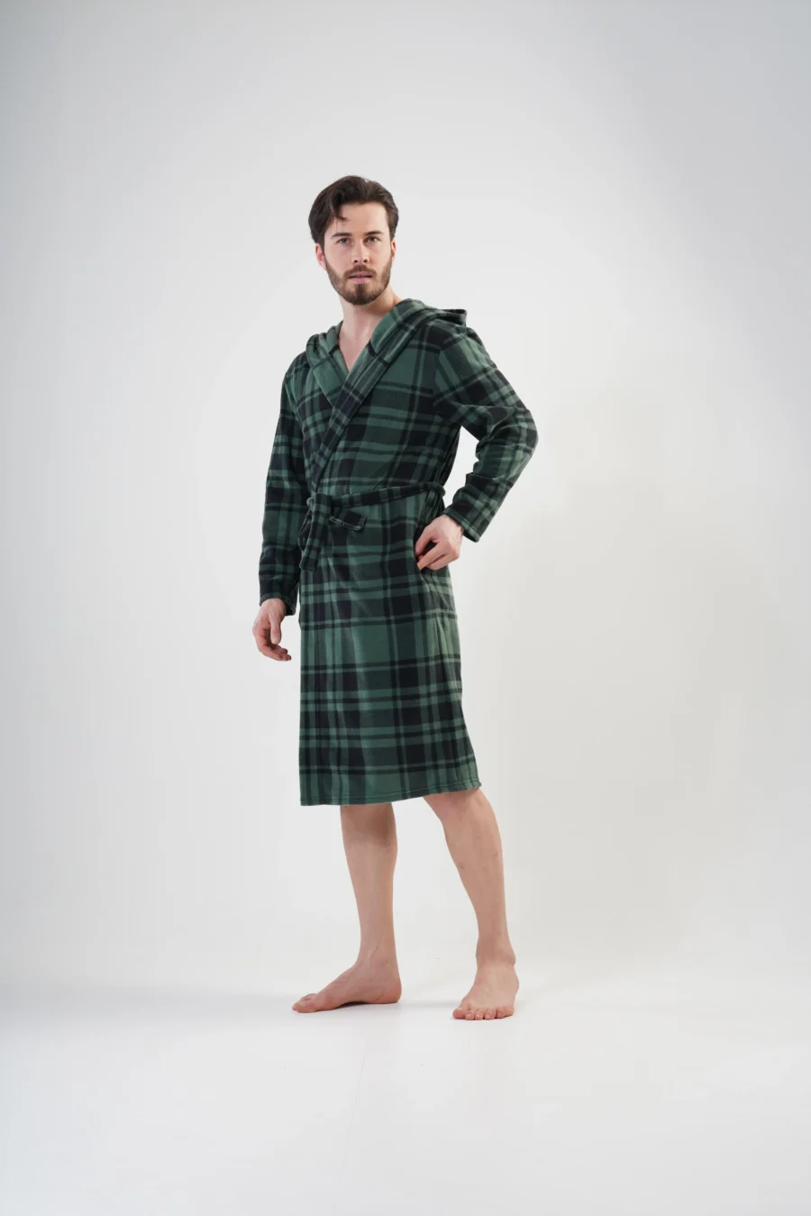 Szlafrok męski polarowy Vienetta Cozy Check, Zielony, r. M-XXL - obrazek 2