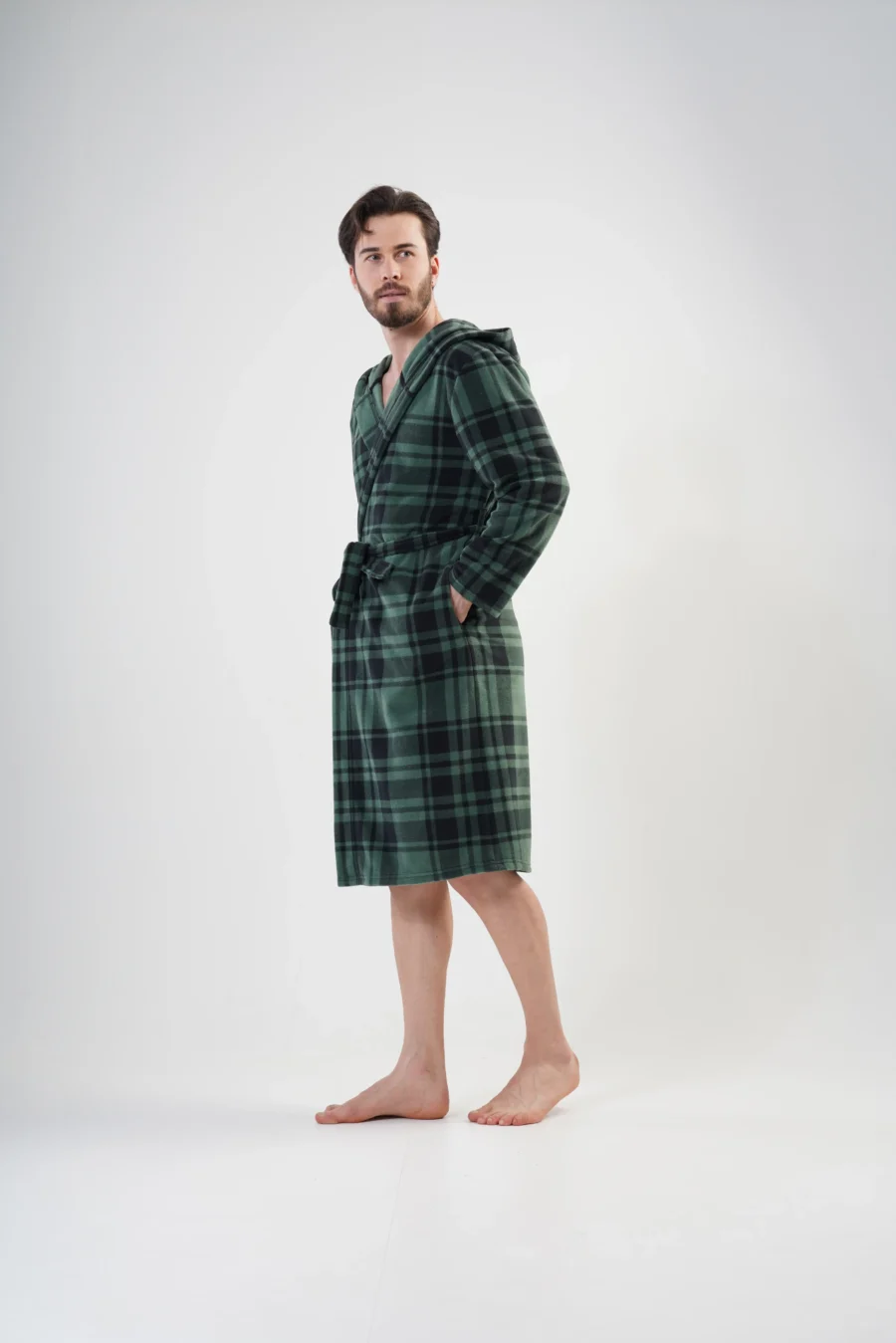 Szlafrok męski polarowy Vienetta Cozy Check, Zielony, r. M-XXL - obrazek 3