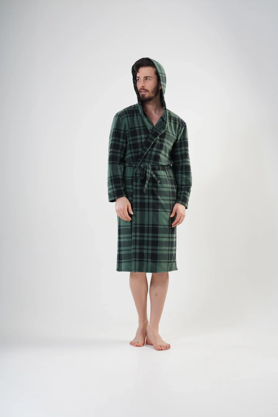 Szlafrok męski polarowy Vienetta Cozy Check, Zielony, r. M-XXL - obrazek 4
