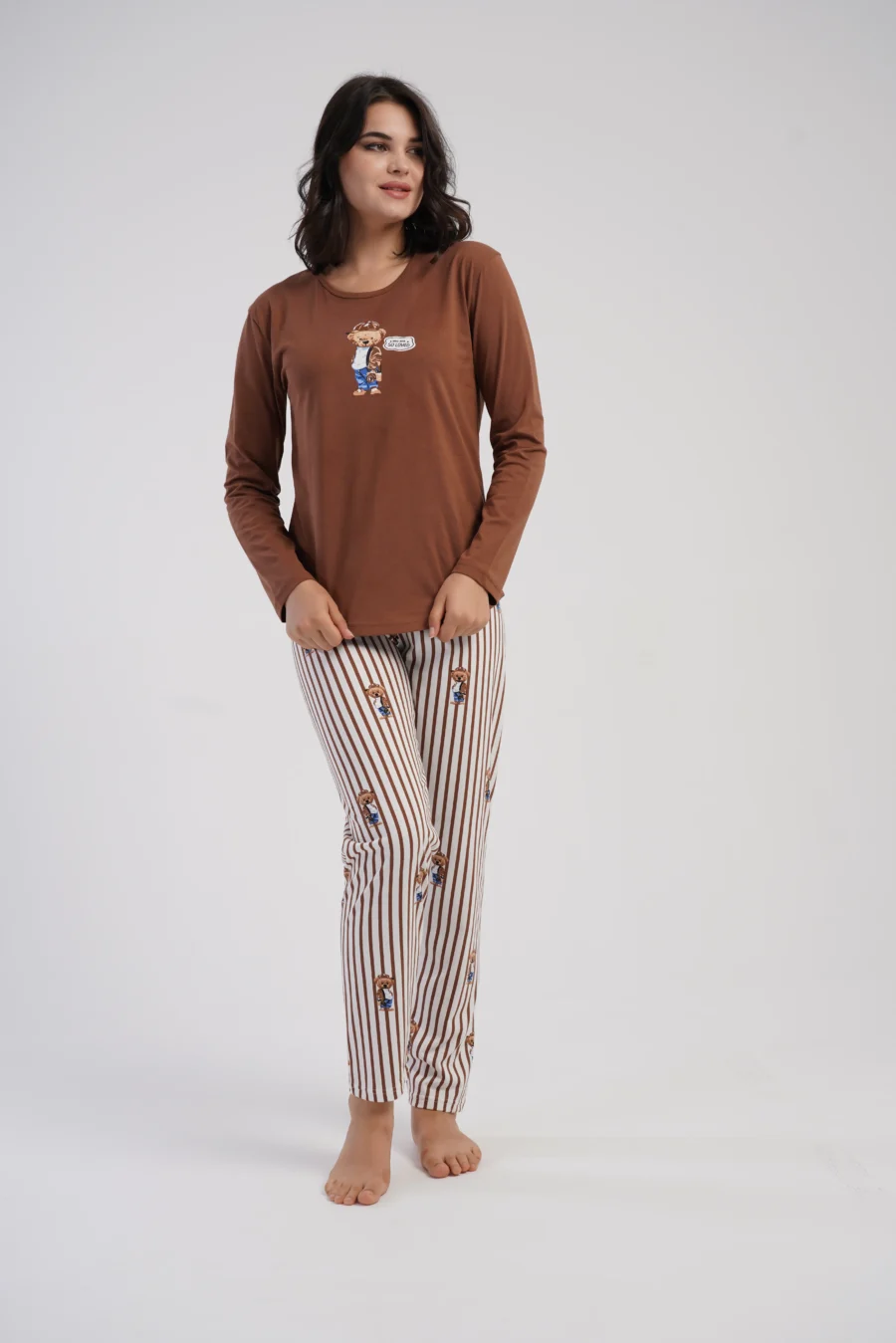 Piżama Damska Vienetta Cozy Lines, Brązowy, r. S-XL