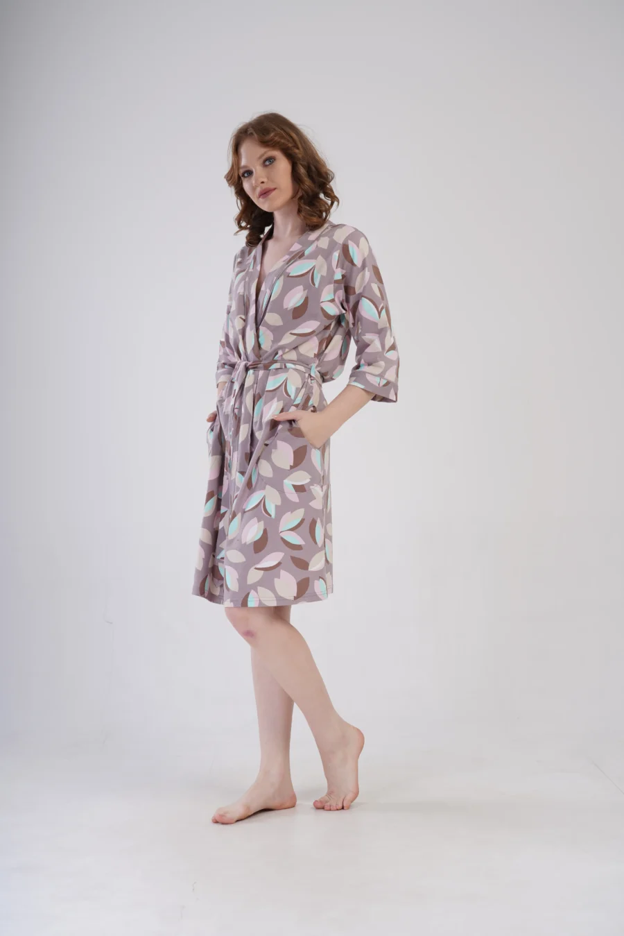 Szlafrok damski Vienetta Pastel Leaves, Beżowy, r. 1XL - 4XL - obrazek 3